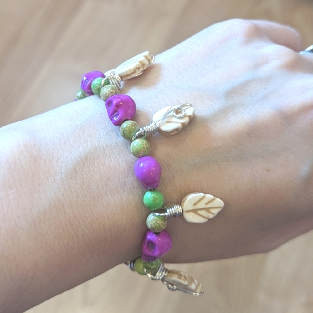 FINAL PRICE Magenta Lime Beige Tropical Gemstone Skull Leaf Charm Bracelet